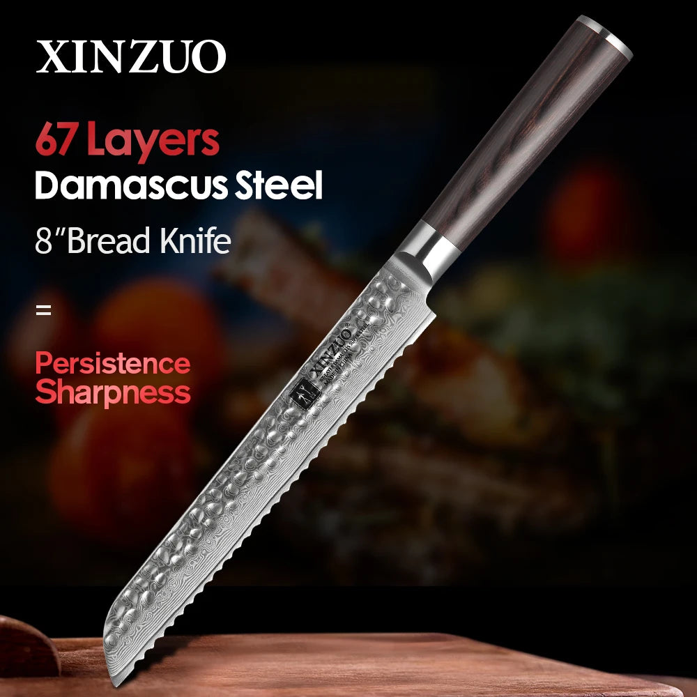 XINZUO 8" Damascus Bread Knife – 67-Layer VG10 Pakkawood Damascus Bread Knife Axl Default Title