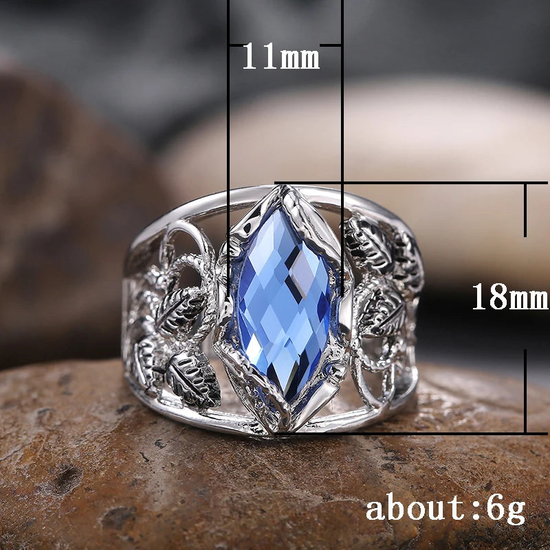 Huitan Wide Women's Ring – Blue CZ Hollow Leaf Geometric Band Fashion Ring Axl