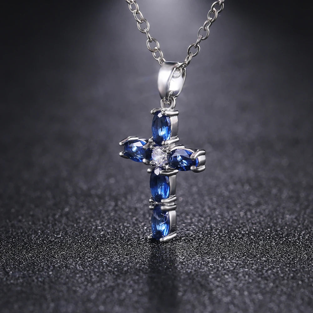 Huitan Blue Stone Cross Pendant Necklace for Women Pendant Necklace Axl