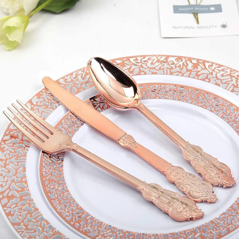 75pc Disposable Plastic Cutlery Set – Rose Gold Flatware Disposable Flatware Set Axl