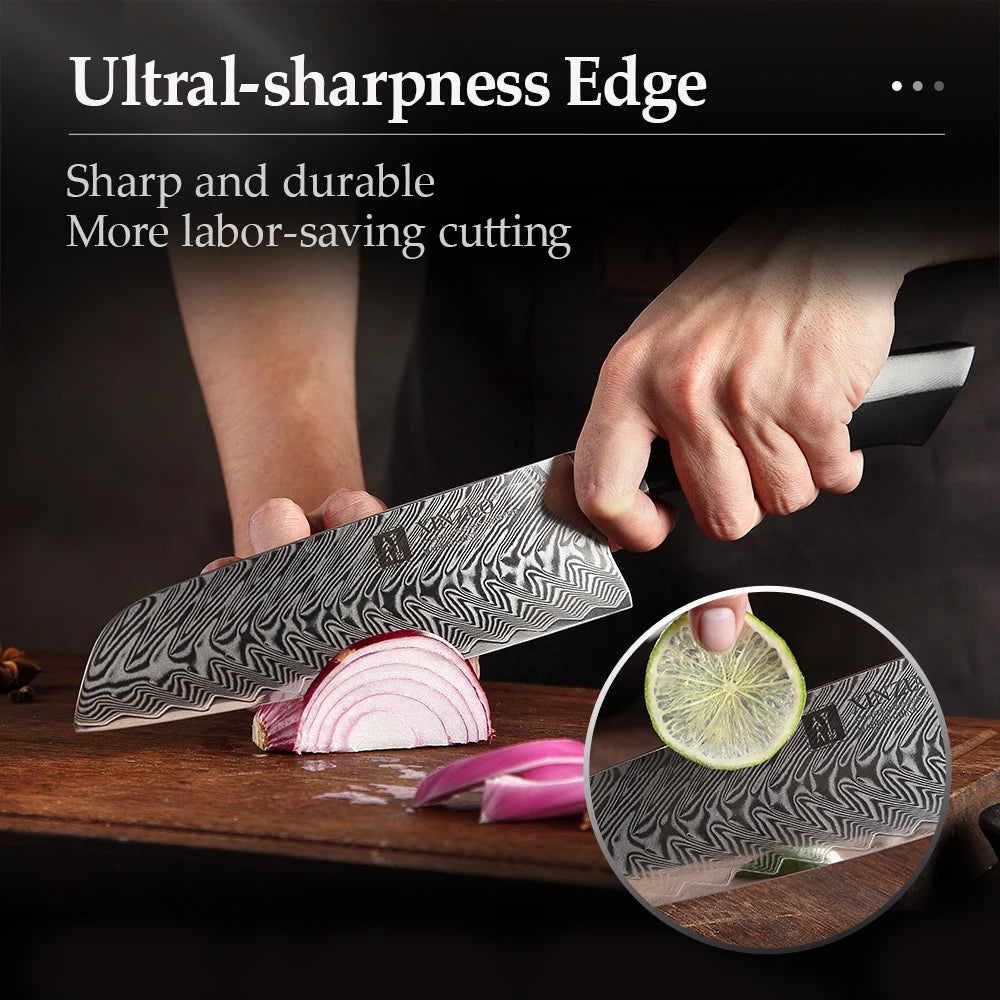 XINZUO 7.3" VG10 Damascus Steel Santoku Knife – Feng Series Damascus Santoku Knife Axl