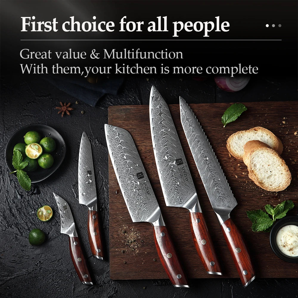 XINZUO 5-Piece Damascus Steel Kitchen Knife Set | Chef & Santoku Kitchen Knife Set Axl