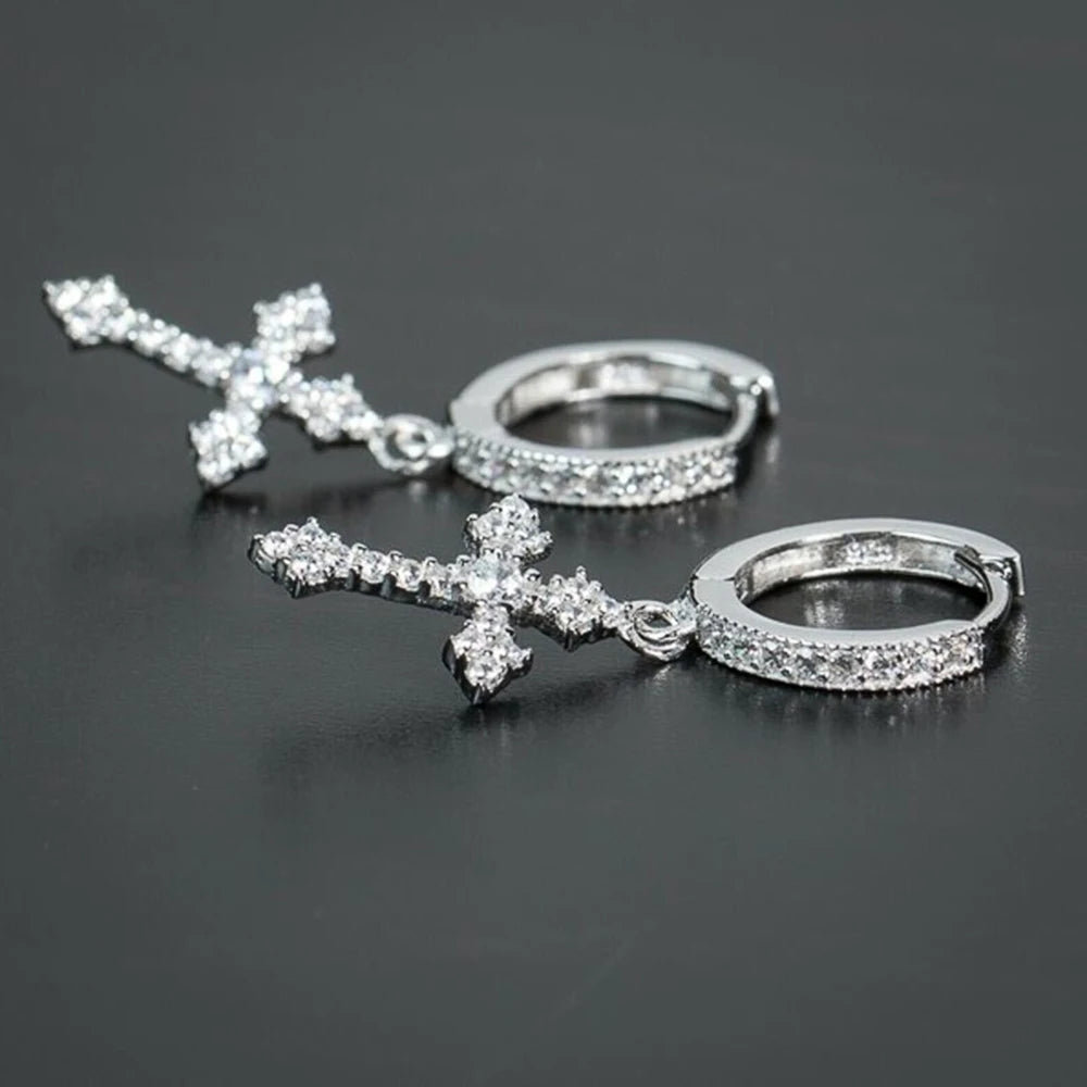 Huitan CZ Cross Drop Hoop Earrings – Unisex Fashion Jewelry Drop Hoop Earrings Axl