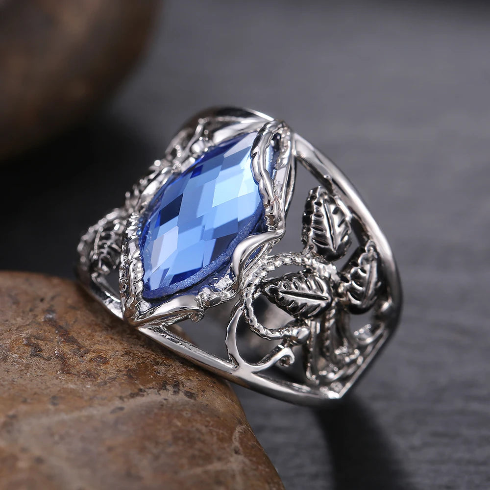 Huitan Blue CZ Wide Leaf Ring for Women | Brass Fashion Jewelry Fashion Ring Axl Blue Silver Plated 10