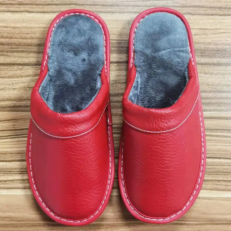 Lorilury Men's Indoor Leather Slippers | Non-Slip Unisex EU 35–48 Indoor Leather Slippers Axl Red plush 45-46
