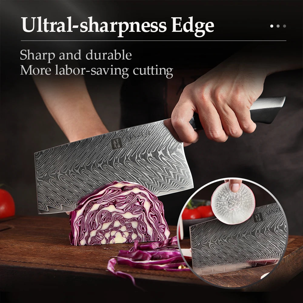 XINZUO 7.3" Damascus Steel Cleaver Knife – 67-Layer G10 Handle Damascus Cleaver Knife Axl