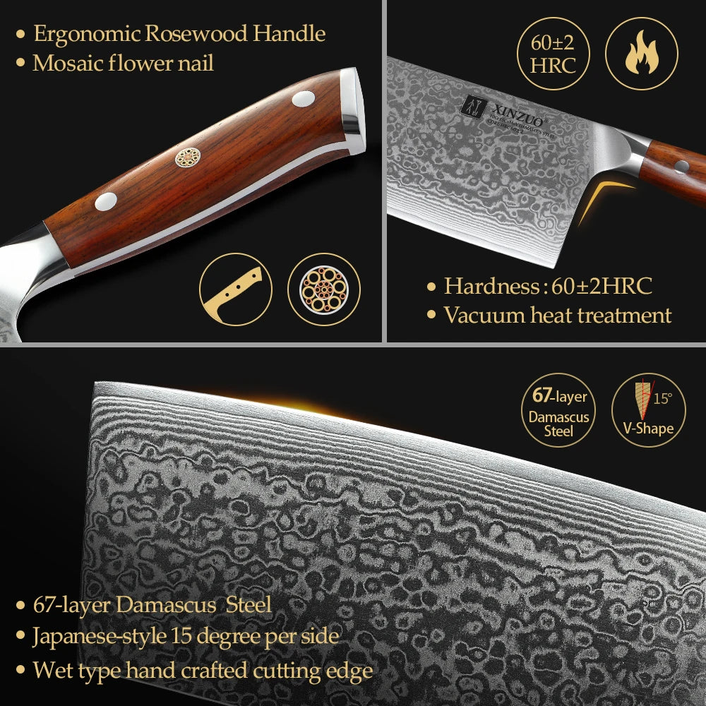 XINZUO 6.5" Damascus Steel Cleaver Knife – Rosewood Handle Damascus Cleaver Knife Axl