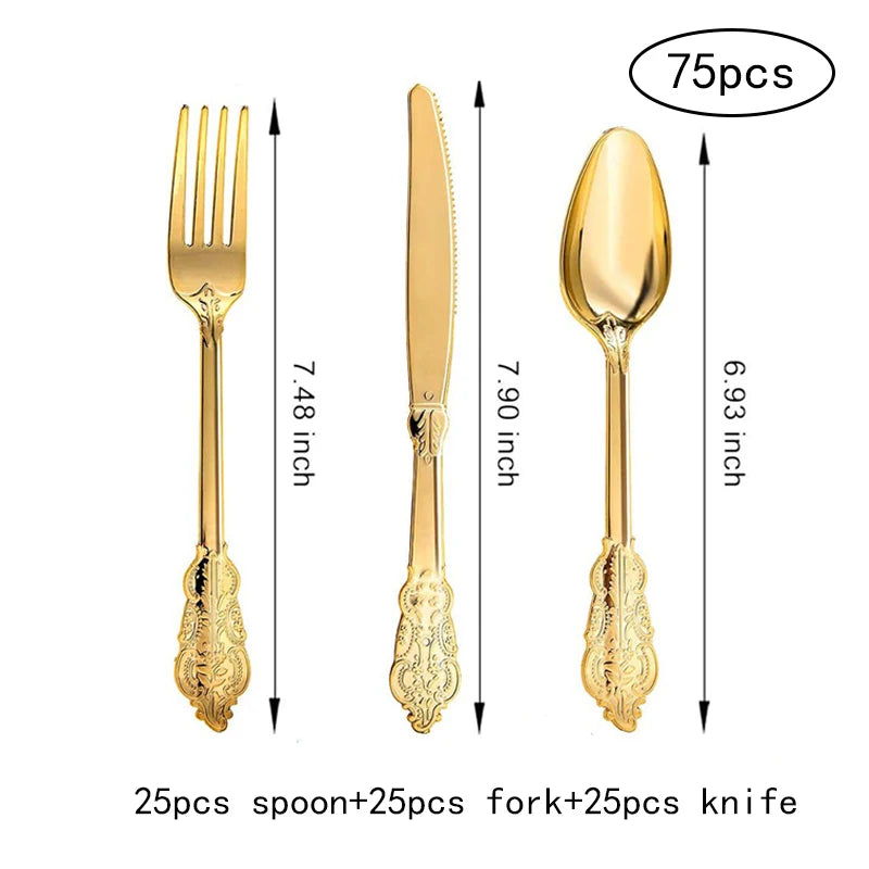 75pc Disposable Plastic Cutlery Set – Rose Gold Flatware Disposable Flatware Set Axl 75pcs gold