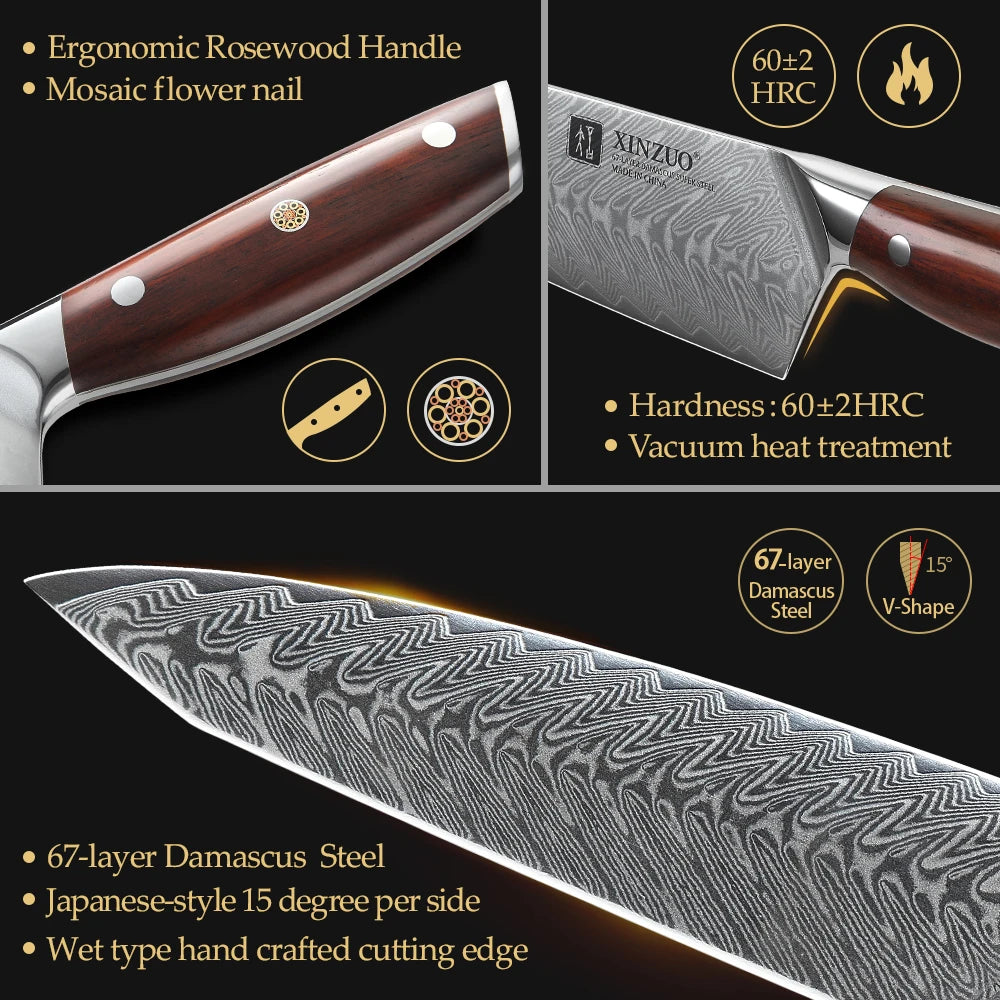 XINZUO 8.5" Damascus Chef Knife – VG10 Steel & Rosewood Handle Damascus Chef Knife Axl