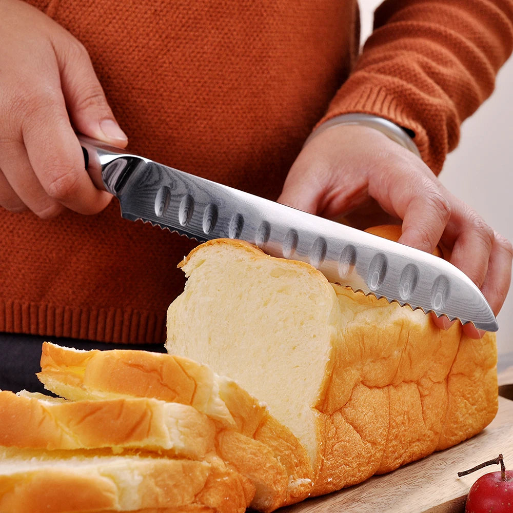 Sunnecko 8" Damascus Serrated Bread Knife – 73-Layer VG10 Steel Serrated Bread Knife Axl