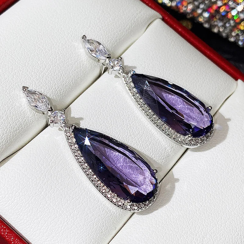 Huitan Purple CZ Teardrop Drop Earrings – Silver-Tone Women's Jewelry Drop Earrings Axl