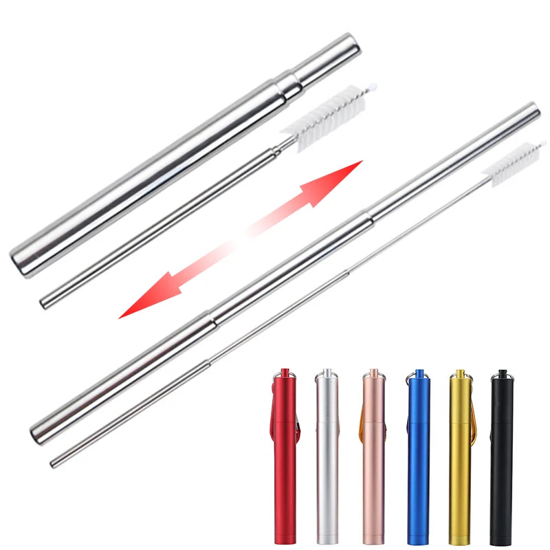 Collapsible Stainless Steel Travel Straw Set – Case & Brush Reusable Drinking Straw Axl