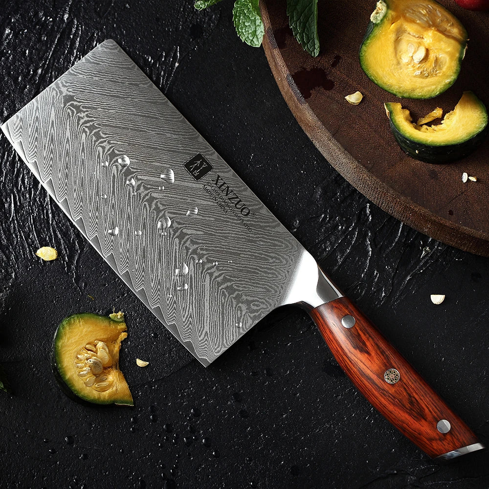 XINZUO 7" VG10 Damascus Steel Cleaver Knife – Rosewood Handle Damascus Cleaver Knife Axl