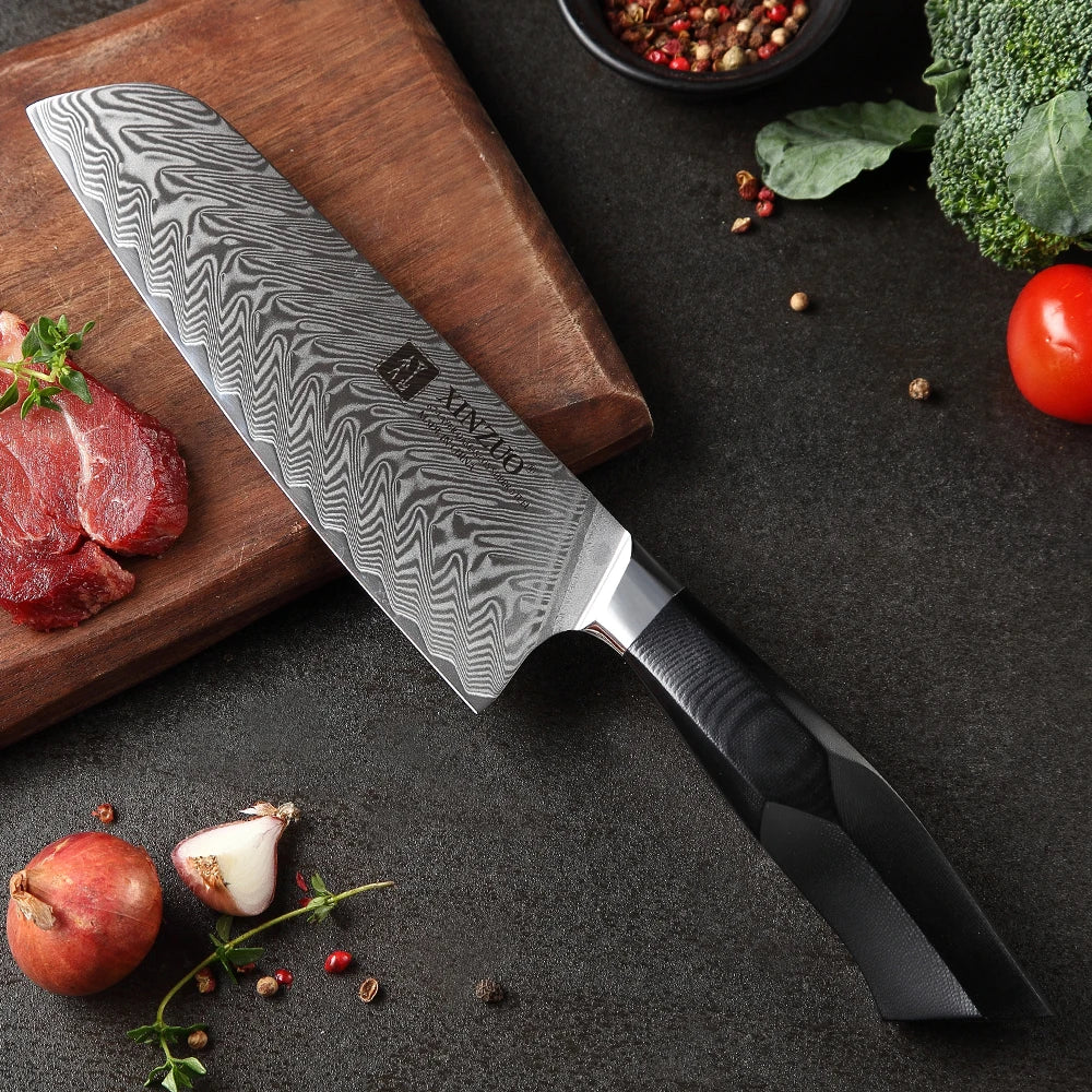 XINZUO 7.3" VG10 Damascus Steel Santoku Knife – Feng Series Damascus Santoku Knife Axl