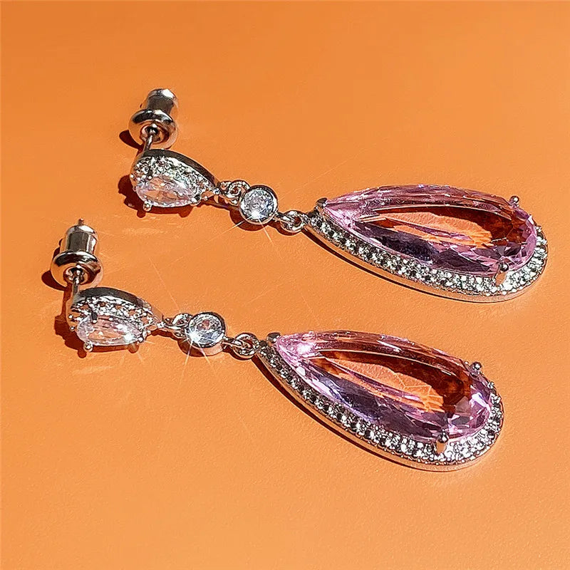 Huitan Pink CZ Water Drop Dangle Earrings | Wedding & Party Dangle Earrings Axl