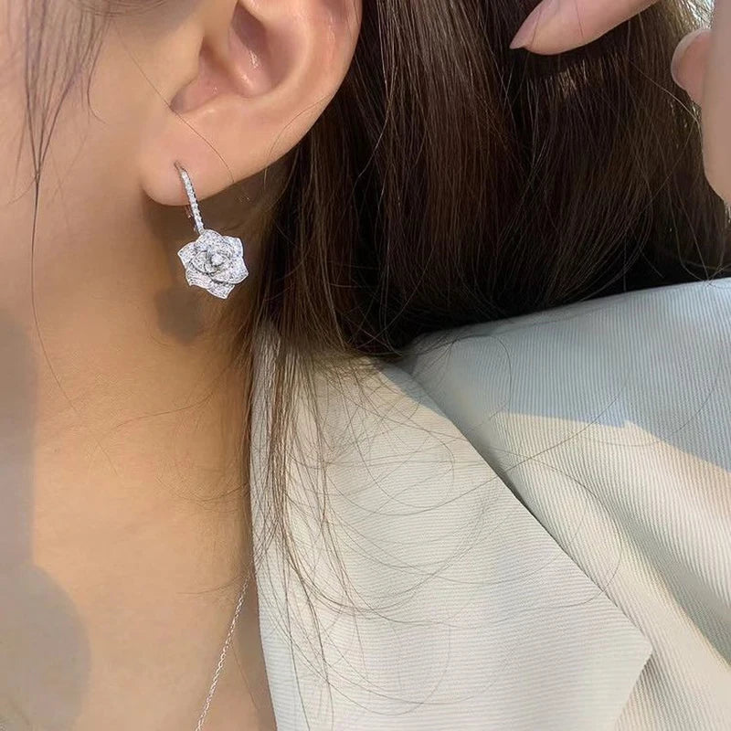 Huitan Silver Floral Dangle Earrings | AAA CZ Wedding Jewelry Dangle Drop Earrings Axl