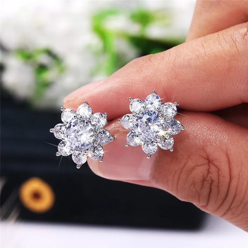 Huitan Crystal Flower Stud Earrings | Cubic Zirconia Women Crystal Stud Earrings Axl