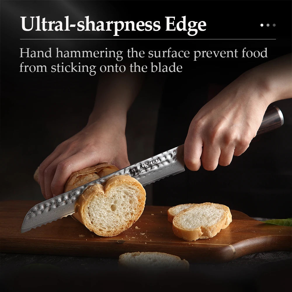 XINZUO 8" Damascus Bread Knife – 67-Layer VG10 Pakkawood Damascus Bread Knife Axl