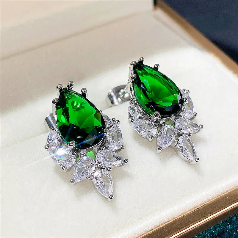 Huitan Water Drop CZ Stud Earrings | Pink Green Blue Pear CZ Stud Earrings Axl E1537