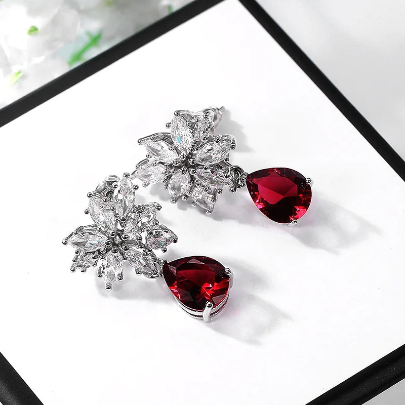Huitan Red CZ Drop Earrings | Women's Crystal Pendant Jewelry Drop Earrings Axl E842