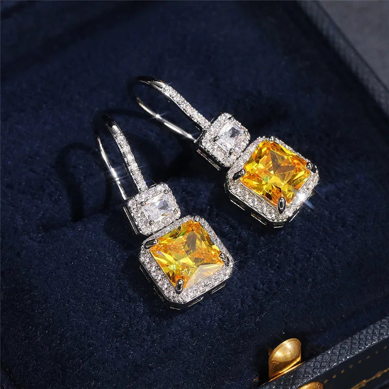 Huitan Yellow Cubic Zirconia Square Drop Earrings for Women Drop Earrings Axl