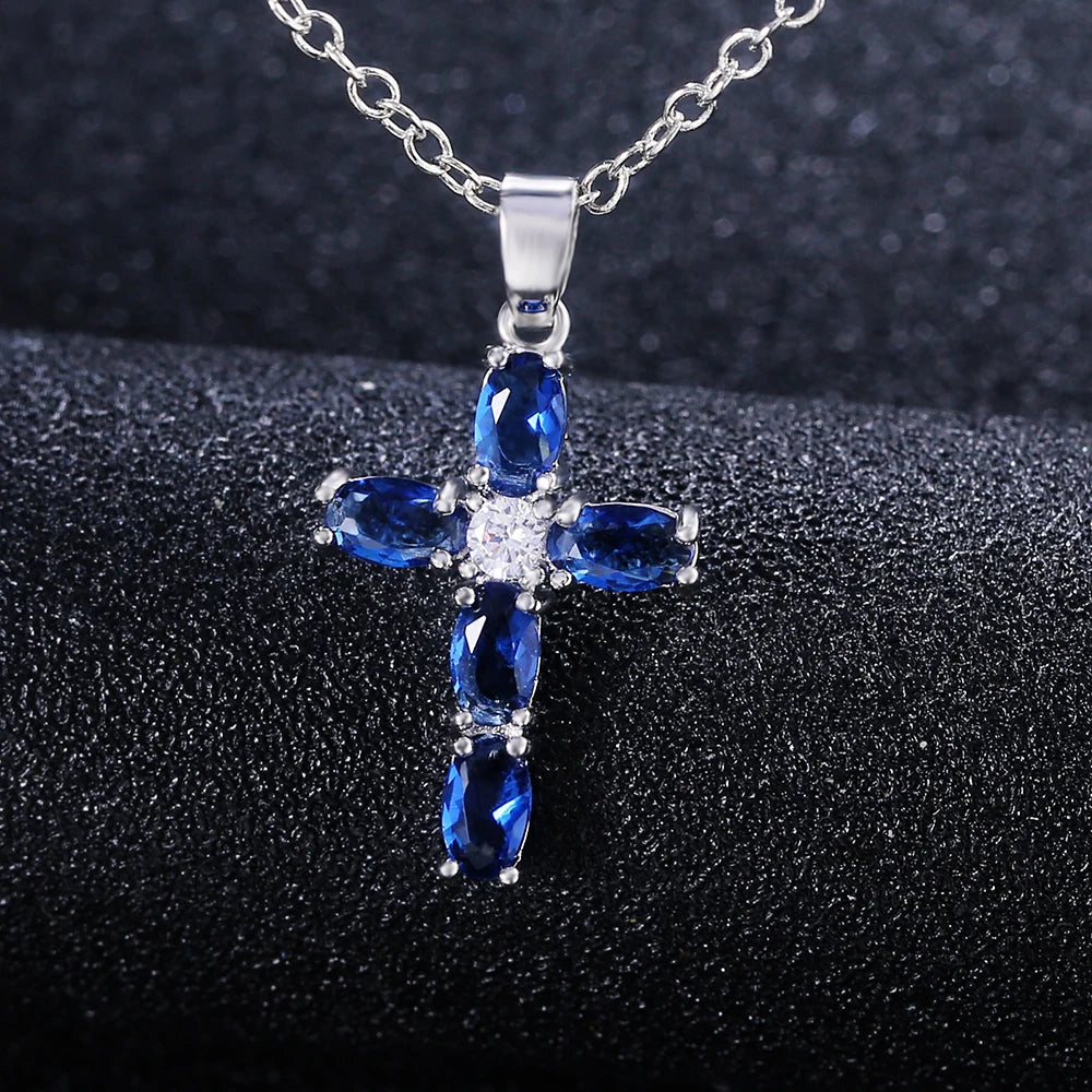 Huitan Blue Stone Cross Pendant Necklace for Women Pendant Necklace Axl