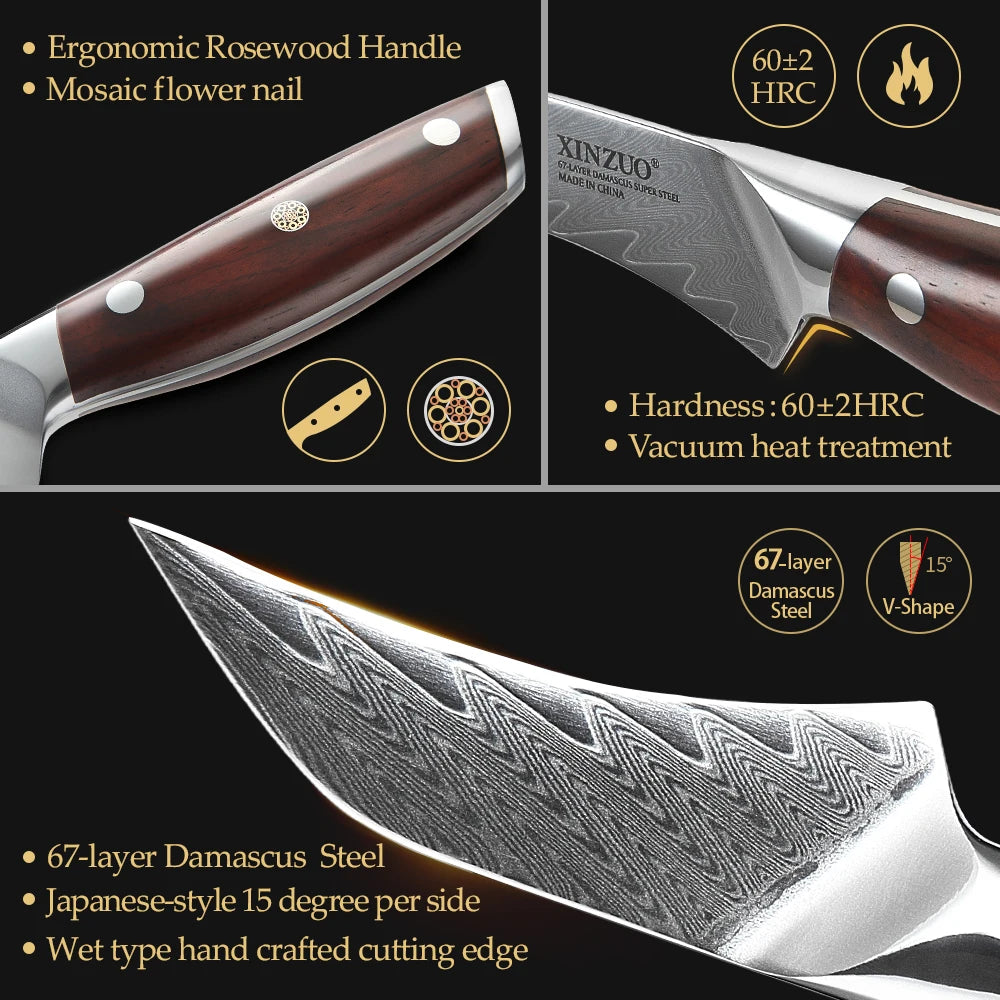 XINZUO 3" Damascus Steel Paring Knife – VG10 Core & Rosewood Damascus Paring Knife Axl