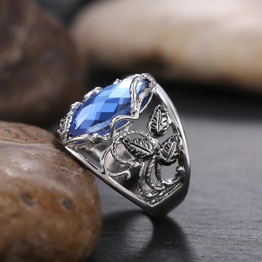 Huitan Blue CZ Wide Leaf Ring for Women | Brass Fashion Jewelry Fashion Ring Axl