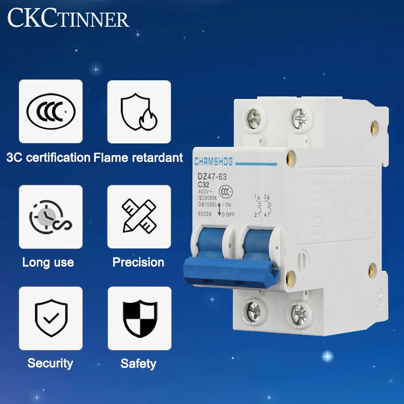 DZ47-63 2-Pole MCB 6A–63A 400V Mini Circuit Breaker DIN Rail Mini Circuit Breaker Axl