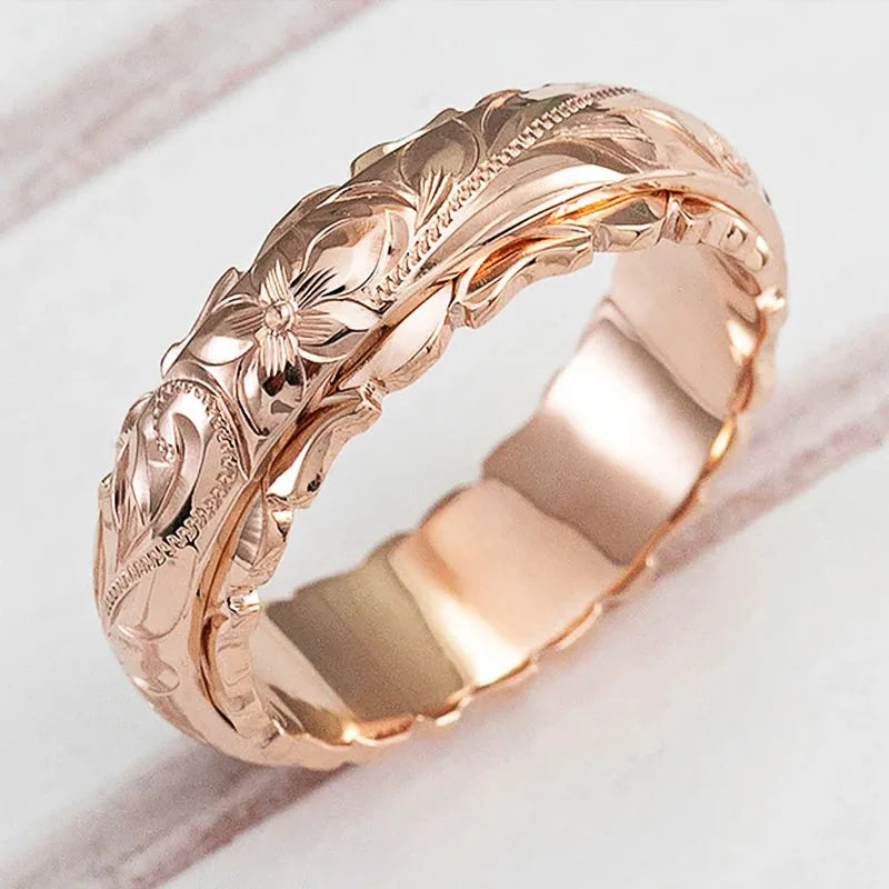 Huitan Women's Carved Geometric Engagement Ring | Sizes 6–12 Fashion Ring Axl Rose Gold Color 8