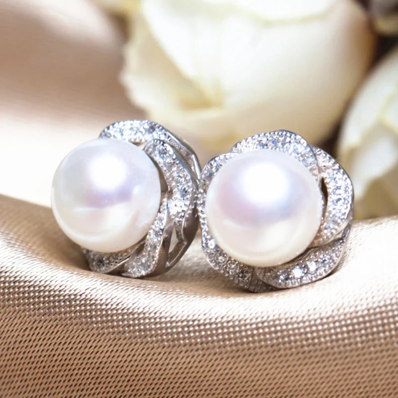 Huitan Pearl & CZ Flower Stud Earrings – Women's Elegant Jewelry Pearl Stud Earrings Axl