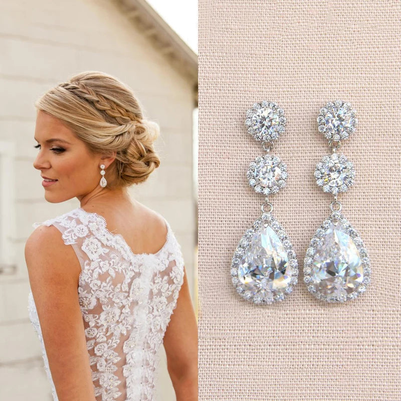 Huitan Crystal CZ Drop Earrings – Silver Geometric Wedding Jewelry Crystal Drop Earrings Axl E1038