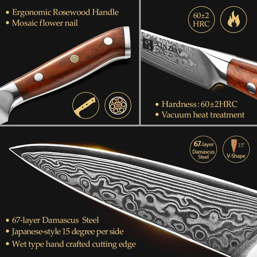 XINZUO 3.5" Damascus Steel Paring Knife – Rosewood Handle Damascus Paring Knife Axl