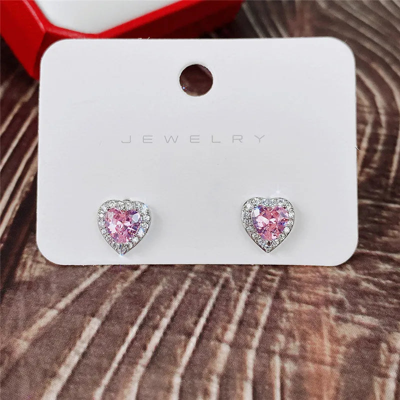 Huitan Pink CZ Heart Stud Earrings – Dainty Gift for Women Crystal Stud Earrings Axl