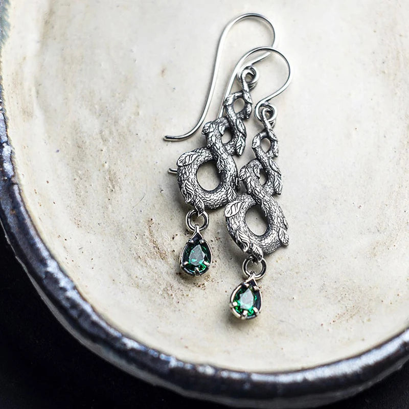 Huitan Vintage Green Zirconia Twist Drop Earrings | Dragon Leaf Drop Earrings Axl Antique Silver Plated green