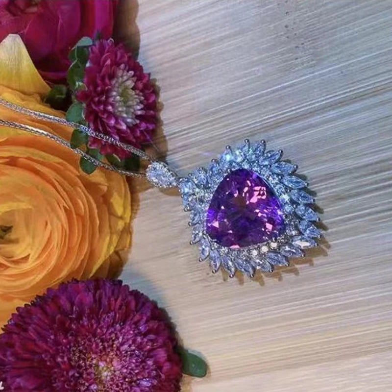 Huitan Heart Purple CZ Pendant Necklace for Women | Trendy CZ Pendant Necklace Axl