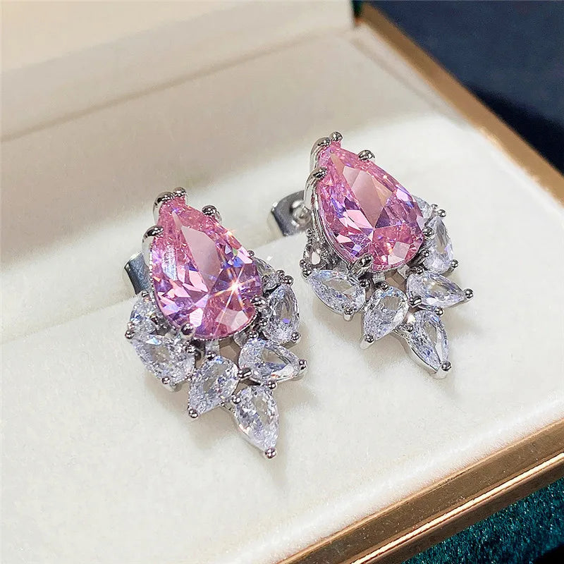 Huitan Water Drop CZ Stud Earrings – Pink, Green & Blue Pear CZ Stud Earrings Axl E1536