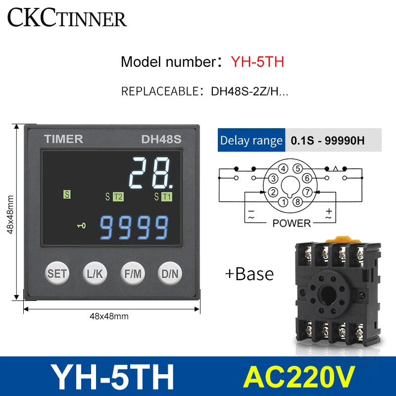 DH48S Programmable Time Delay Relay 24V/220V + Socket Base Programmable Time Relay Axl YH-5TH - 220VAC