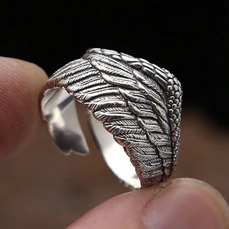 Huitan Wings Opening Ring – Antique Silver Vintage Punk Style Fashion Ring Axl F438 Antique Silver Plated resizable