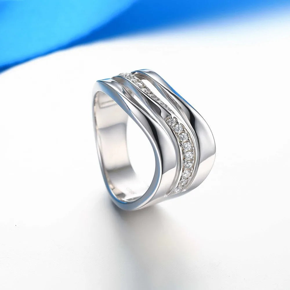Huitan Silver Wave Ring – Cubic Zirconia Women's Band Fashion Ring Axl