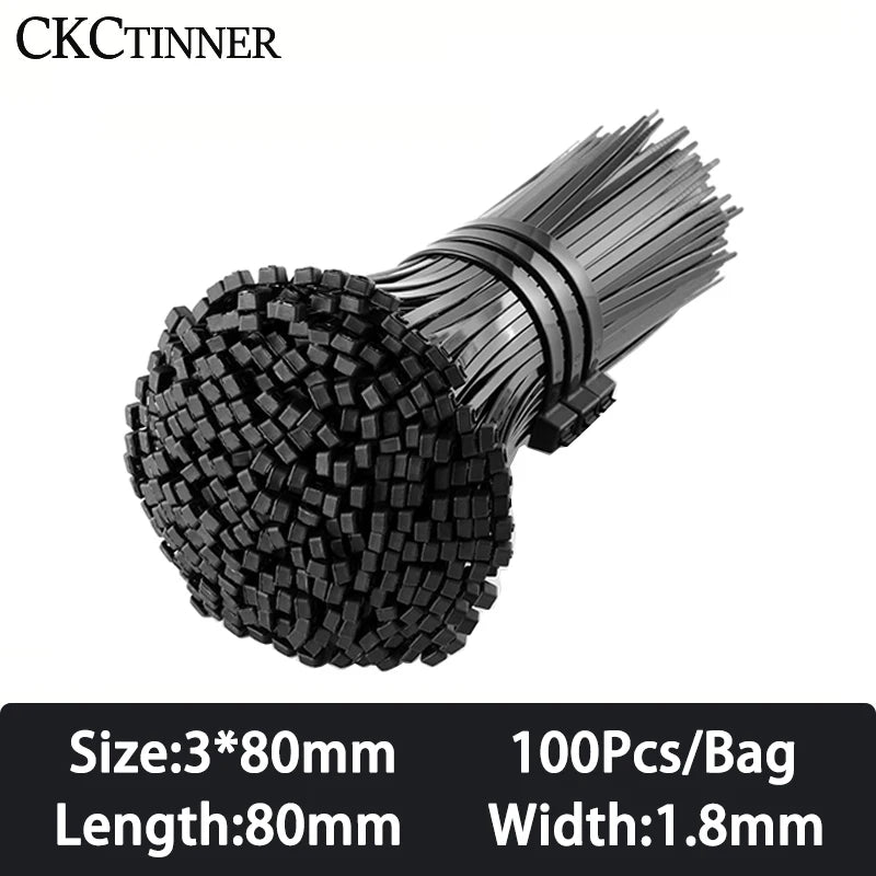 100PCS Nylon Cable Ties Self-Locking Black Zip Tie Organiser Nylon Cable Ties Axl 3x80mm