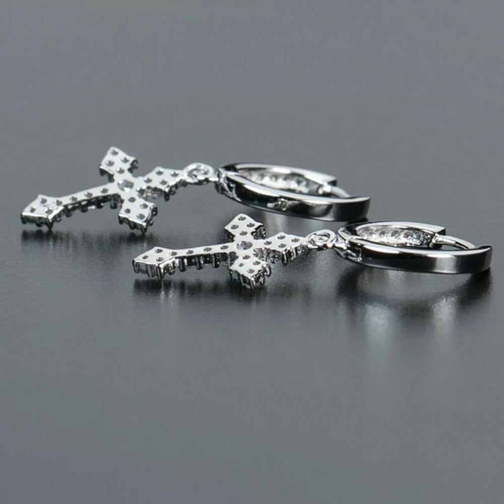 Huitan CZ Cross Drop Hoop Earrings – Unisex Fashion Jewelry Drop Hoop Earrings Axl
