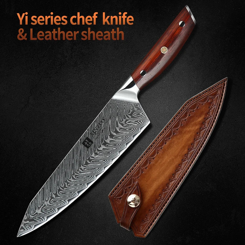 XINZUO 8.5" Damascus Chef Knife – VG10 Steel & Rosewood Handle Damascus Chef Knife Axl with Leather sheath China Mainland