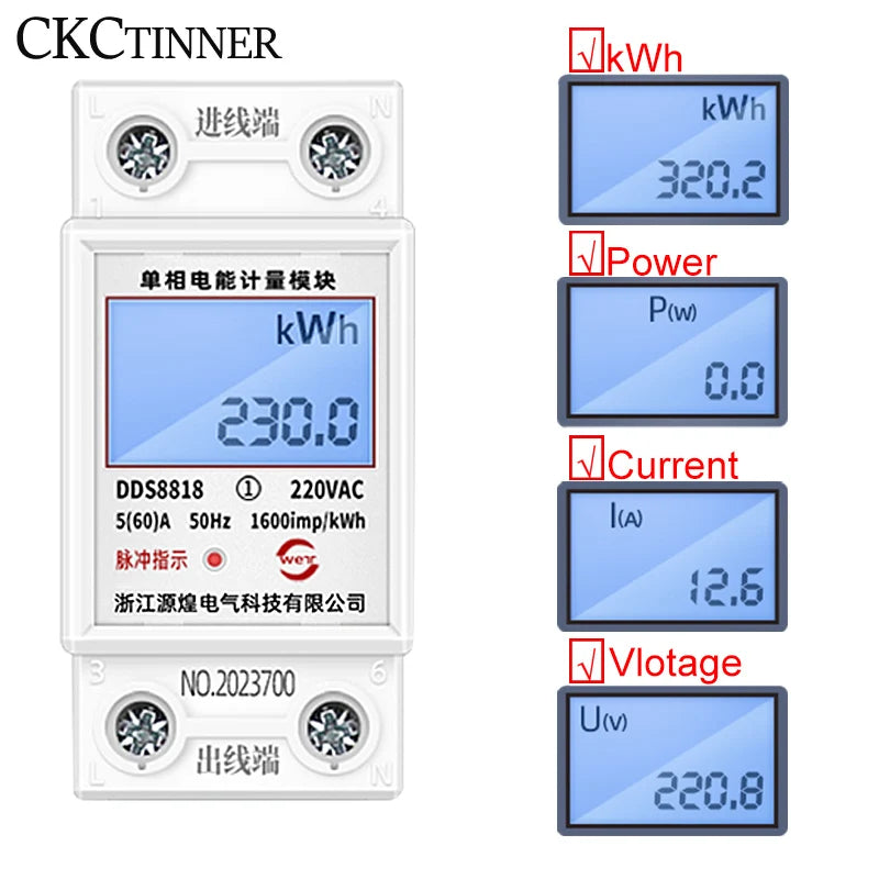 DIN Rail Single Phase LCD Energy Meter 220V 80A kWh Wattmeter Digital Energy Meter Axl