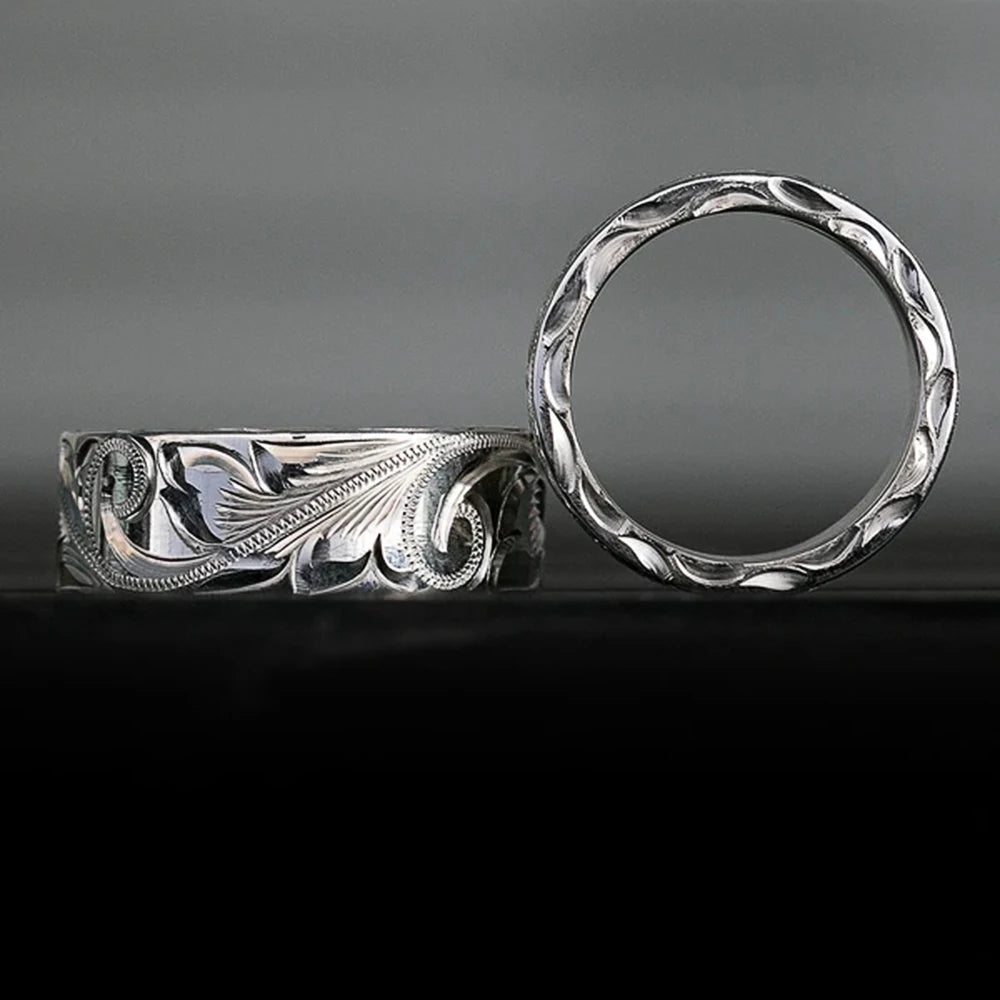 Huitan Carved Couple Rings – Silver Band, Sizes 5–14 | Fashion Fashion Couple Ring Axl