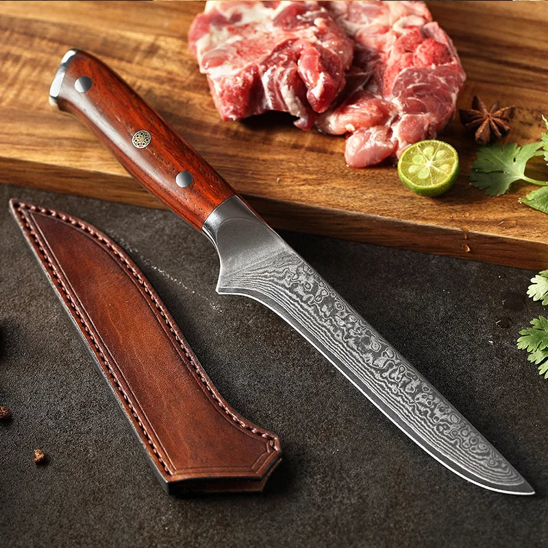 XINZUO 6" Damascus Steel Boning Knife – Rosewood Handle Damascus Boning Knife Axl with Leather Sheath China Mainland