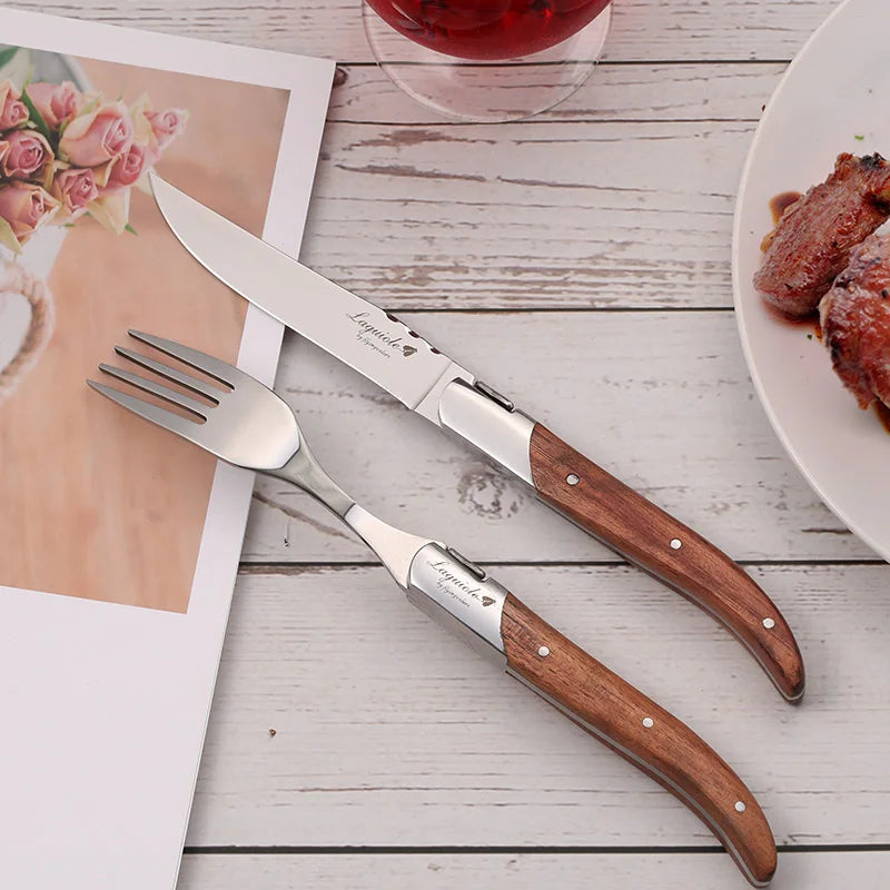 Laguiole-Style 6pc Steak Knife & Fork Set – Rosewood Handle Steak Knife Fork Set Axl