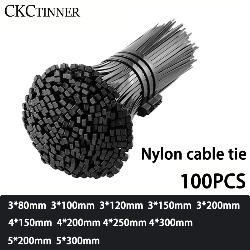 100PCS Nylon Cable Ties Self-Locking Black Zip Tie Organiser Nylon Cable Ties Axl