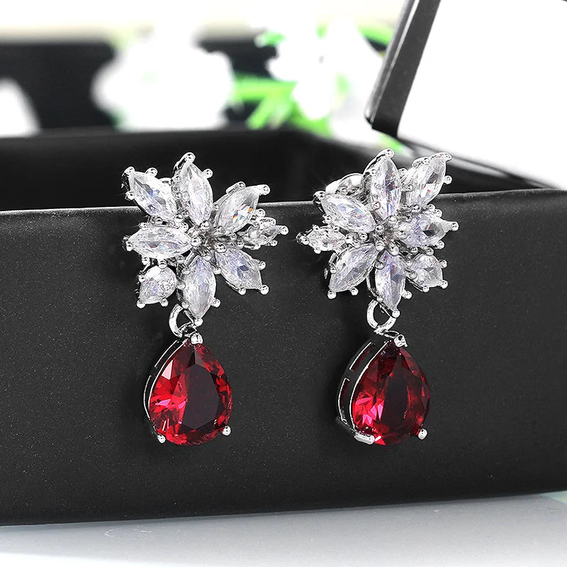 Huitan Red CZ Drop Earrings | Women's Crystal Pendant Jewelry Drop Earrings Axl