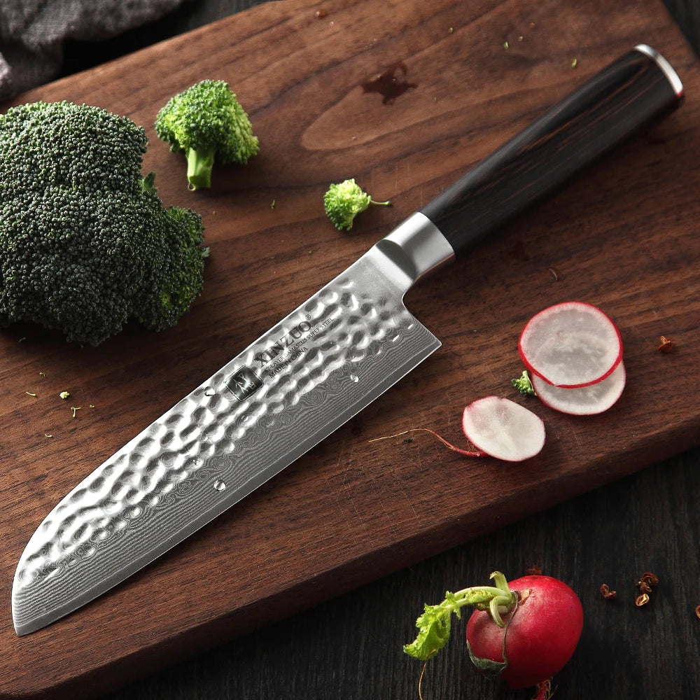 XINZUO 7" Damascus Santoku Knife – VG10 Steel & Pakkawood Santoku Kitchen Knife Axl